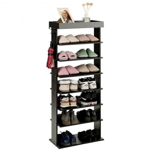 7-Tier Vertical Design Wooden Shoe Storage Shelf with Hooks