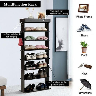 7-Tier Vertical Design Wooden Shoe Storage Shelf with Hooks