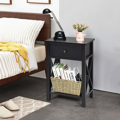 2 Pcs X-Shaped Bedside Storage Nightstand with Drawer and Bottom Shelf