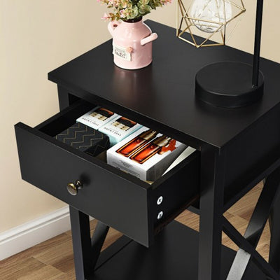 2 Pcs X-Shaped Bedside Storage Nightstand with Drawer and Bottom Shelf