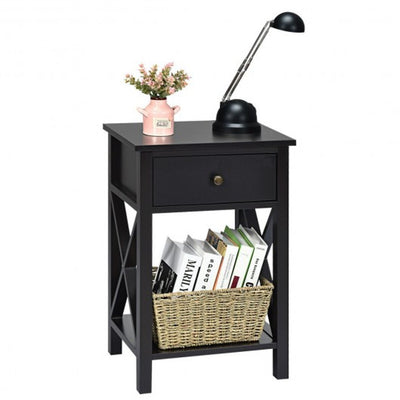 2 Pcs X-Shaped Bedside Storage Nightstand with Drawer and Bottom Shelf