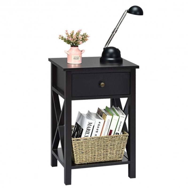 2 Pcs X-Shaped Bedside Storage Nightstand with Drawer and Bottom Shelf