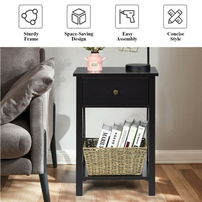 2 Pcs X-Shaped Bedside Storage Nightstand with Drawer and Bottom Shelf