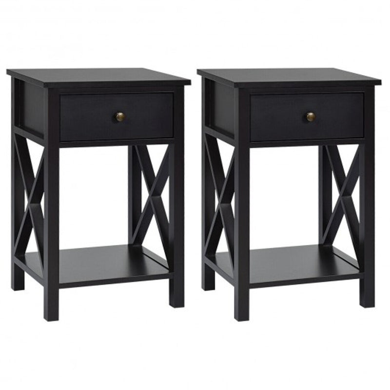 2 Pcs X-Shaped Bedside Storage Nightstand with Drawer and Bottom Shelf