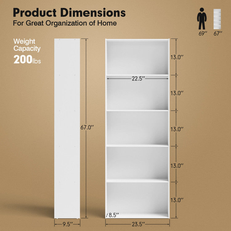 23.5 x 9.5 x 67 Inch 5-Shelf Multi-Functional Wood Bookcase for Home Office