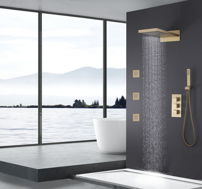 Wall Mounted Golden 3 Handle Thermostatic Shower System With 3 Body Jets