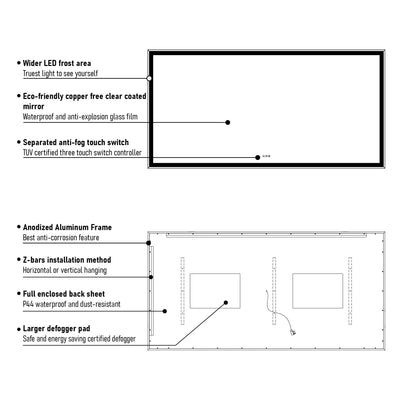 84 in. W x 42 in. H Rectangular Aluminum Framed LED Wall Mount Anti-Fog Modern Decorative Bathroom Vanity Mirror in Matte Black