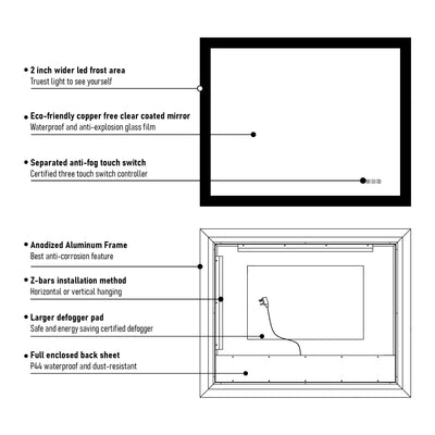 40 in. W x 32 in. H Rectangular Frameless Anti-Fog LED Illuminated Dimmable Wall Mount Premium Bathroom Vanity Mirror