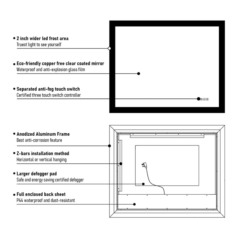 40 in. W x 32 in. H Rectangular Frameless Anti-Fog LED Illuminated Dimmable Wall Mount Premium Bathroom Vanity Mirror