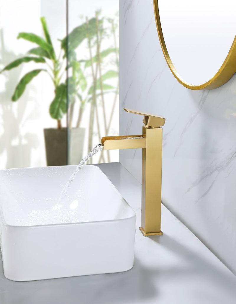 Tall Waterfall Spout Bathroom Lavatory Faucet Deck Mounted Brushed Gold