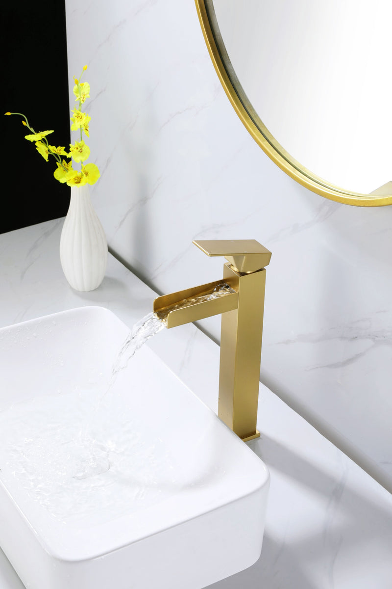 Tall Waterfall Spout Bathroom Lavatory Faucet Deck Mounted Brushed Gold