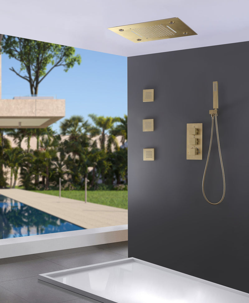 LED Thermostatic Shower System Ceiling Mounted Rainfall Shower Head And 3 Body Massager Jets