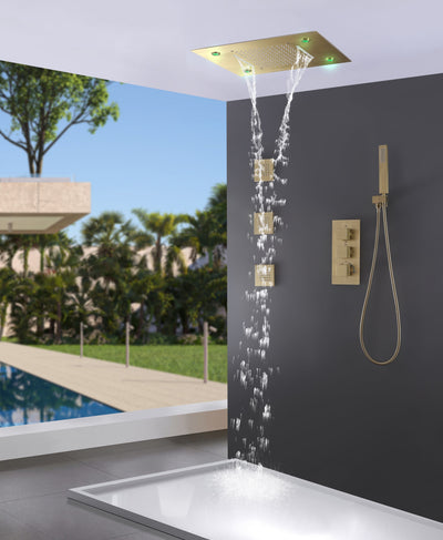 LED Thermostatic Shower System Ceiling Mounted Rainfall Shower Head And 3 Body Massager Jets