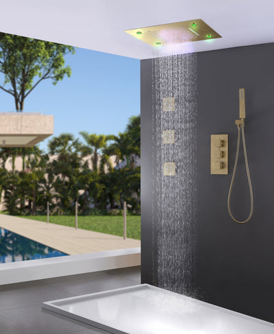 LED Thermostatic Shower System Ceiling Mounted Rainfall Shower Head And 3 Body Massager Jets