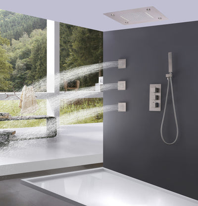 LED Thermostatic Shower System Ceiling Mounted Rainfall Shower Head And 3 Body Massager Jets