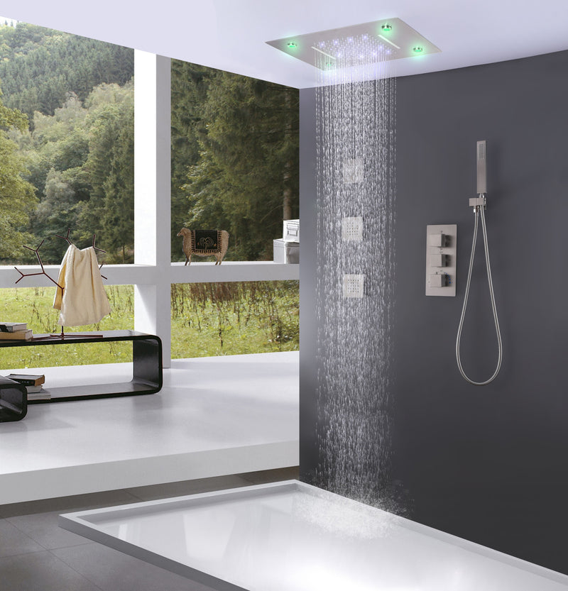 LED Thermostatic Shower System Ceiling Mounted Rainfall Shower Head And 3 Body Massager Jets