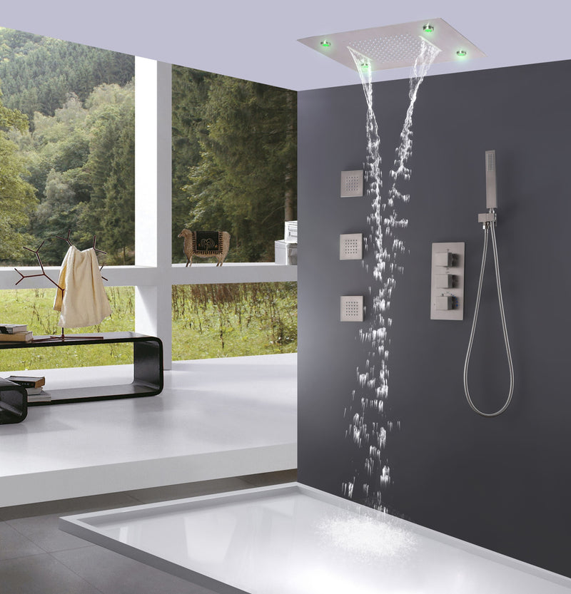 LED Thermostatic Shower System Ceiling Mounted Rainfall Shower Head And 3 Body Massager Jets