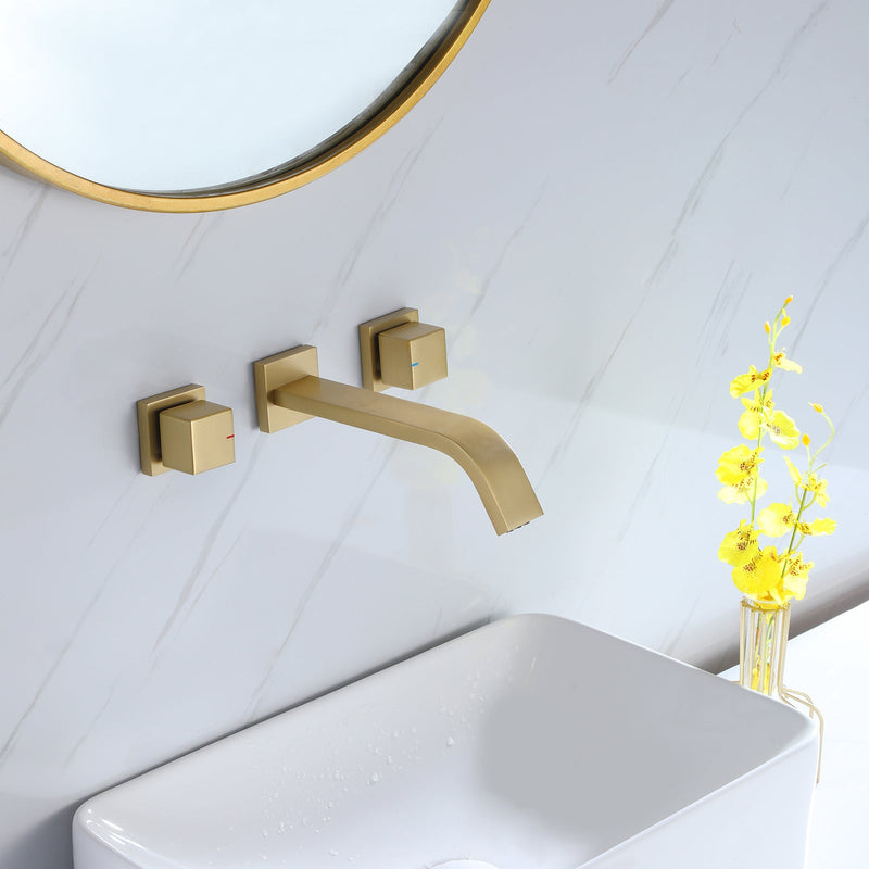 Wall Mounted Brushed Gold Bathroom Sink Faucet With Rough-In Valve Included