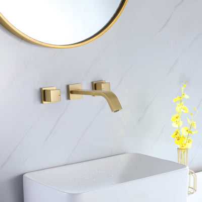 Wall Mounted Brushed Gold Bathroom Sink Faucet With Rough-In Valve Included