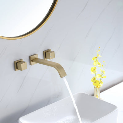 Wall Mounted Brushed Gold Bathroom Sink Faucet With Rough-In Valve Included