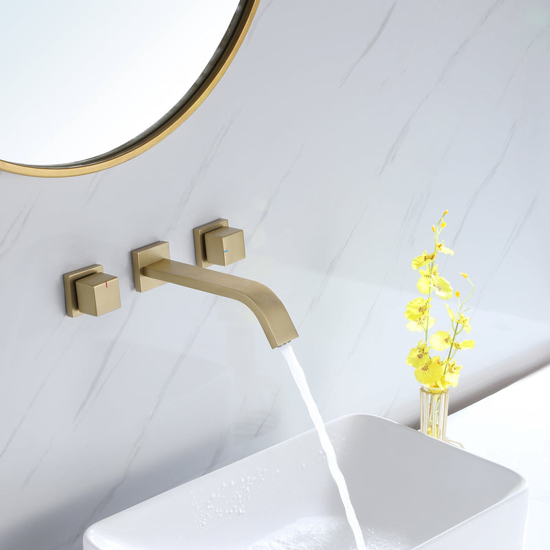 Wall Mounted Brushed Gold Bathroom Sink Faucet With Rough-In Valve Included