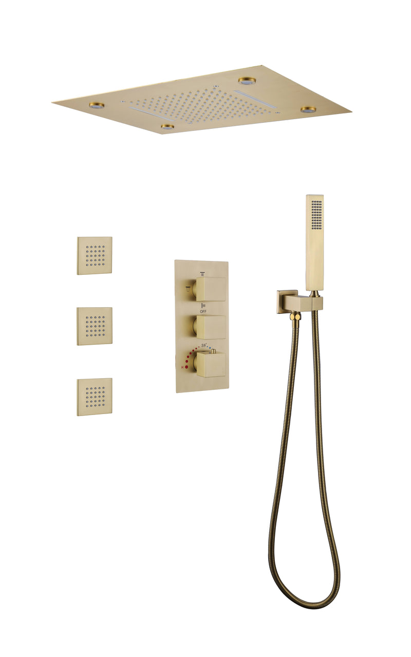 LED Thermostatic Shower System Ceiling Mounted Rainfall Shower Head And 3 Body Massager Jets