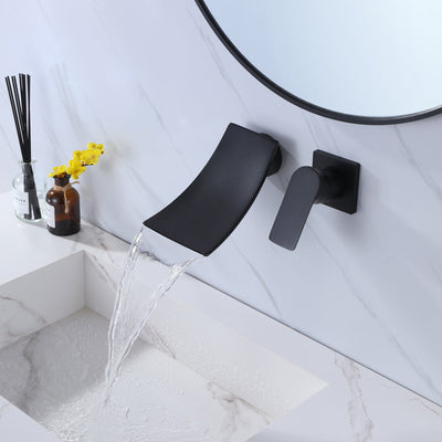 Wall Mounted Single Handle Waterfall Bathroom Sink Faucet In Black Finish