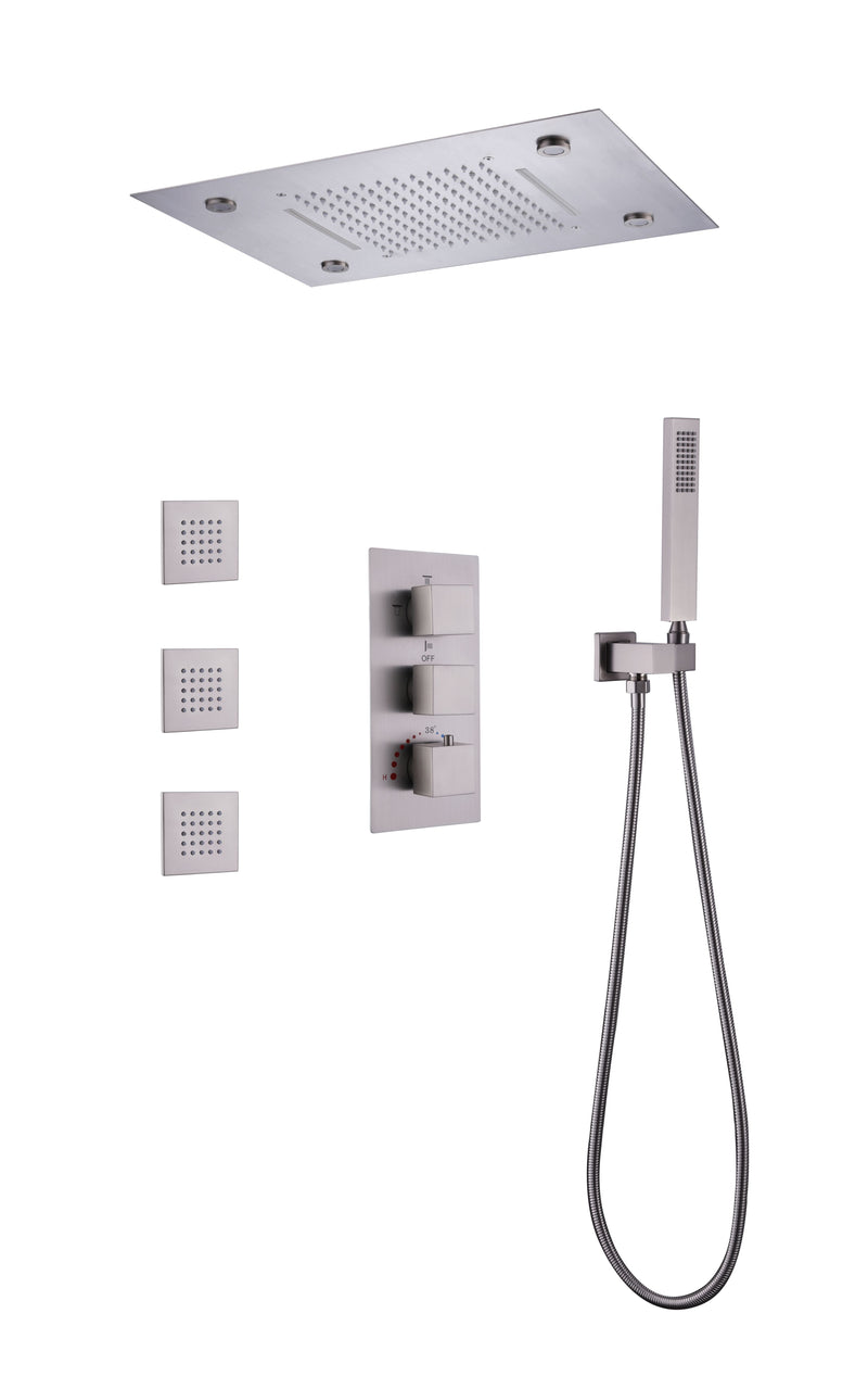 LED Thermostatic Shower System Ceiling Mounted Rainfall Shower Head And 3 Body Massager Jets