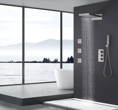 Wall Mounted Golden 3 Handle Thermostatic Shower System With 3 Body Jets