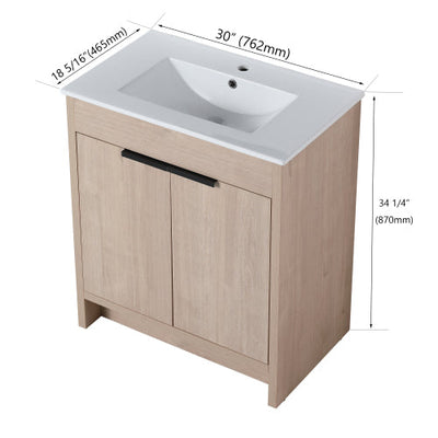 30 Inch Freestanding Bathroom Vanity with White Ceramic Sink & 2 Soft-Close Cabinet Doors