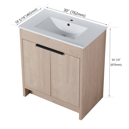 30 Inch Freestanding Bathroom Vanity with White Ceramic Sink & 2 Soft-Close Cabinet Doors