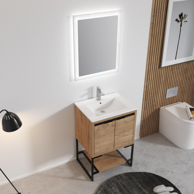 24inch Freestanding Bathroom Vanity with White Resin Rectangle Sink, Soft-Close Cabinet Doors,Open Shelf for Towels