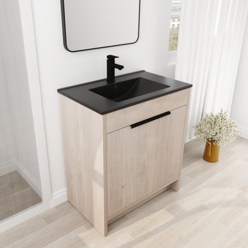 30 Inch Freestanding Bathroom Vanity with Black Ceramic Sink & 2 Soft-Close Cabinet Doors