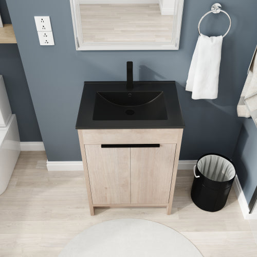 24 Inch Freestanding Bathroom Vanity with Black Ceramic Sink & 2 Soft-Close Cabinet Doors