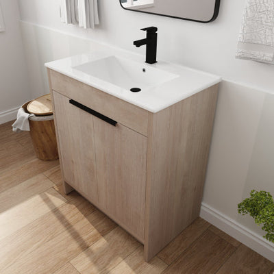 30 Inch Freestanding Bathroom Vanity with White Ceramic Sink & 2 Soft-Close Cabinet Doors