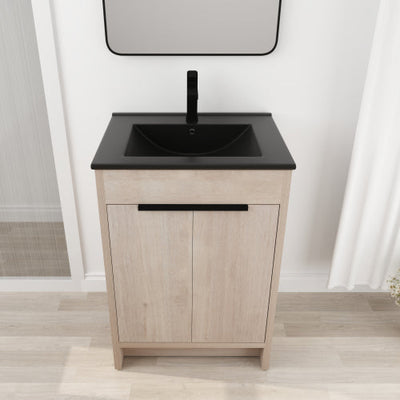 24 Inch Freestanding Bathroom Vanity with Black Ceramic Sink & 2 Soft-Close Cabinet Doors