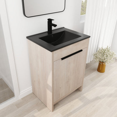 24 Inch Freestanding Bathroom Vanity with Black Ceramic Sink & 2 Soft-Close Cabinet Doors