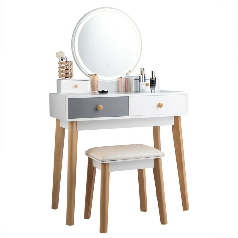 LED Round Mirror Dressing Table with Cushioned Stool and Four Drawers