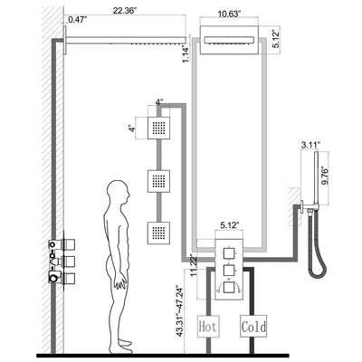 Wall Mounted Golden 3 Handle Thermostatic Shower System With 3 Body Jets