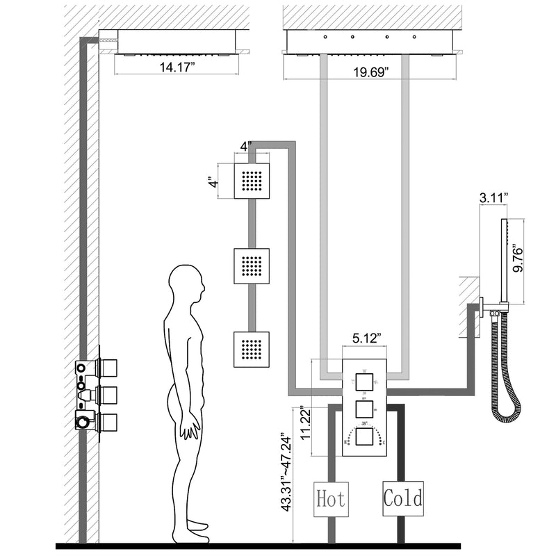 LED Thermostatic Shower System Ceiling Mounted Rainfall Shower Head And 3 Body Massager Jets