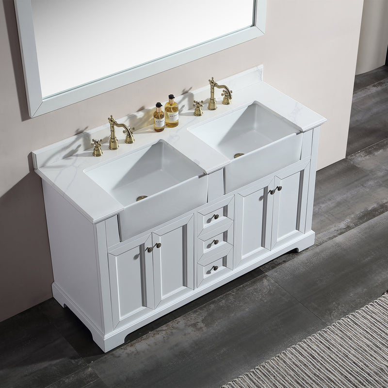 60 in. W x 22 in. D x 35 in. H Freestanding Bath Vanity Minimalist in White with White Quartz Top with White Basin