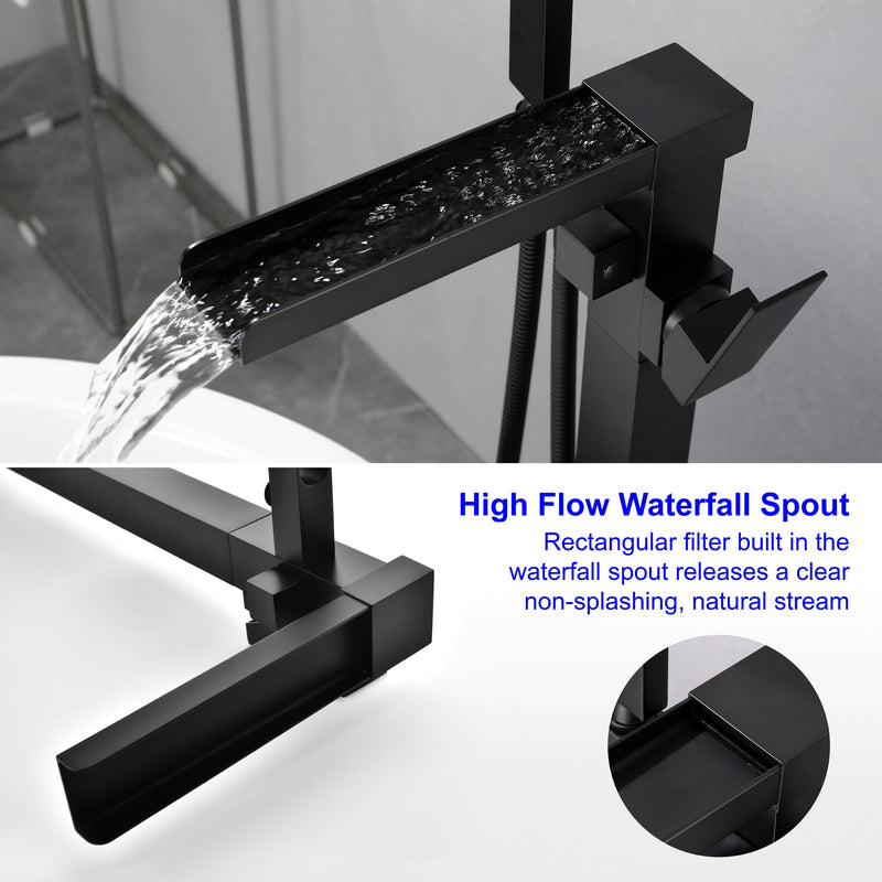 Waterfall Spout Freestanding Bath Tub Faucet Single Handle Floor Mount Filler with Hand Shower