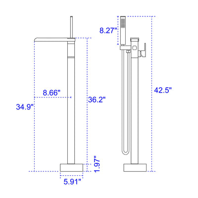 Waterfall Spout Freestanding Bath Tub Faucet Single Handle Floor Mount Filler with Hand Shower