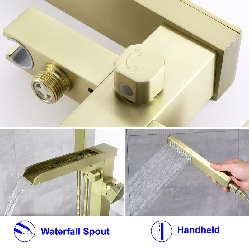 Waterfall Spout Freestanding Bath Tub Faucet Single Handle Floor Mount Filler with Hand Shower