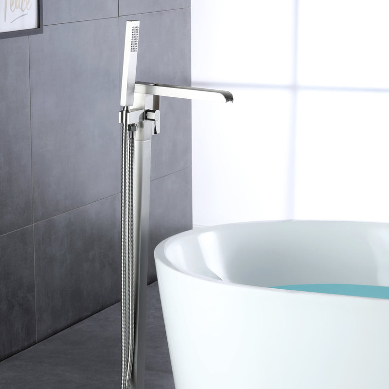 Waterfall Spout Freestanding Bath Tub Faucet Single Handle Floor Mount Filler with Hand Shower