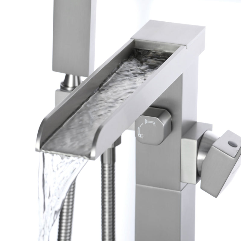 Waterfall Spout Freestanding Bath Tub Faucet Single Handle Floor Mount Filler with Hand Shower