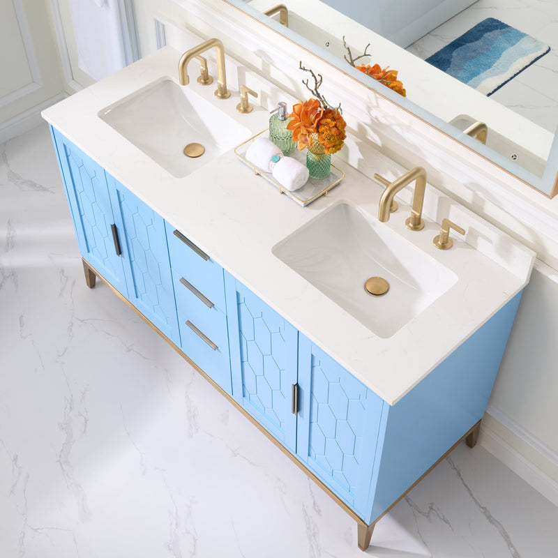 60 in. W x 22 in. D x 35 in. H Bathroom Vanity in Light Blue with Carrara White Quartz Vanity Top with White Sink