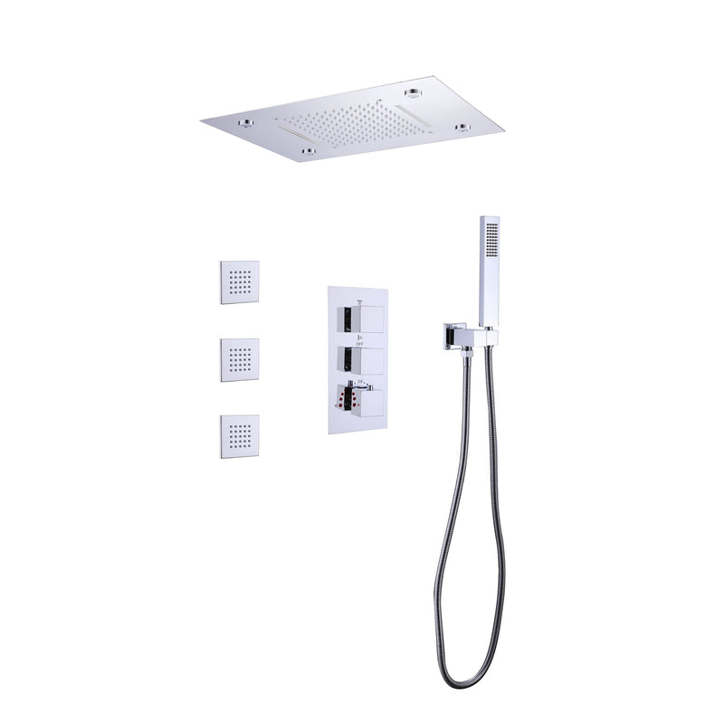 LED Thermostatic Shower System Ceiling Mounted Rainfall Shower Head And 3 Body Massager Jets