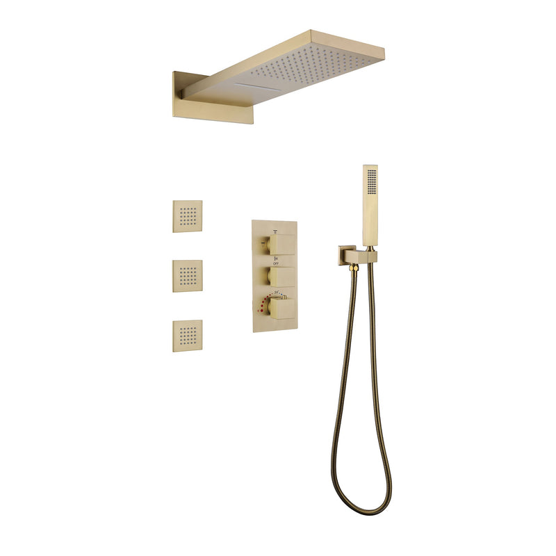 Wall Mounted Golden 3 Handle Thermostatic Shower System With 3 Body Jets