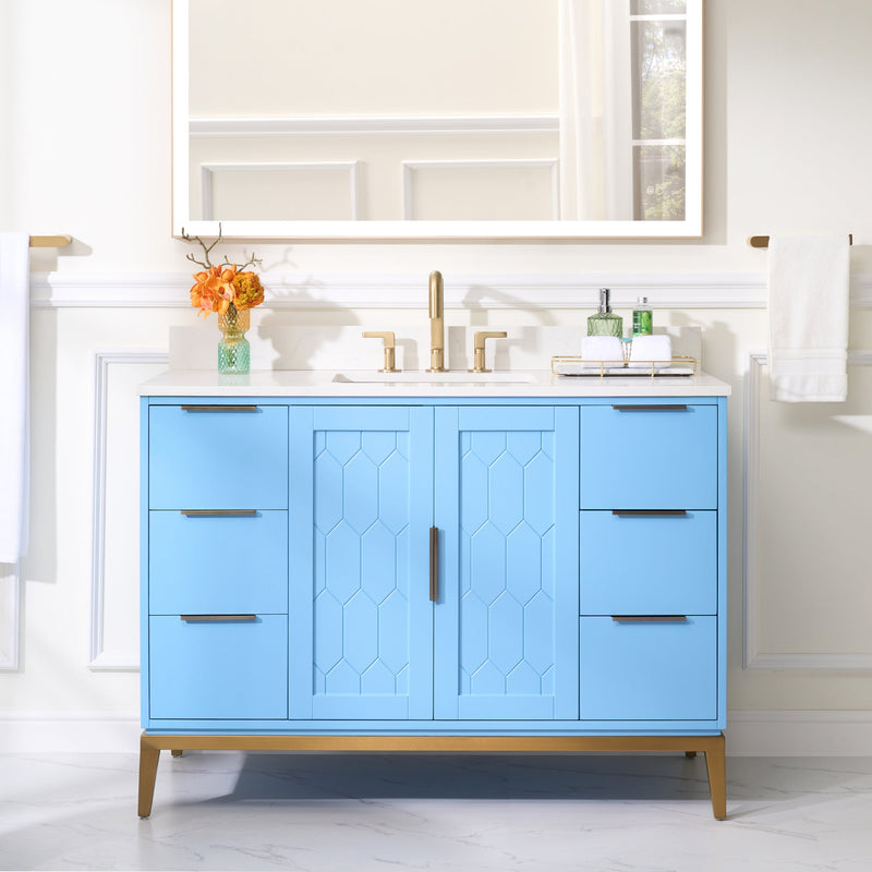 48 in. W x 22 in. D x 35 in. H Bathroom Vanity in Light Blue with Carrara White Quartz Vanity Top with White Sink